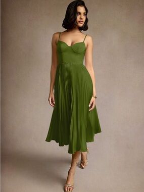 NWT Azazie Emma Olive Green Pleated Midi Dress